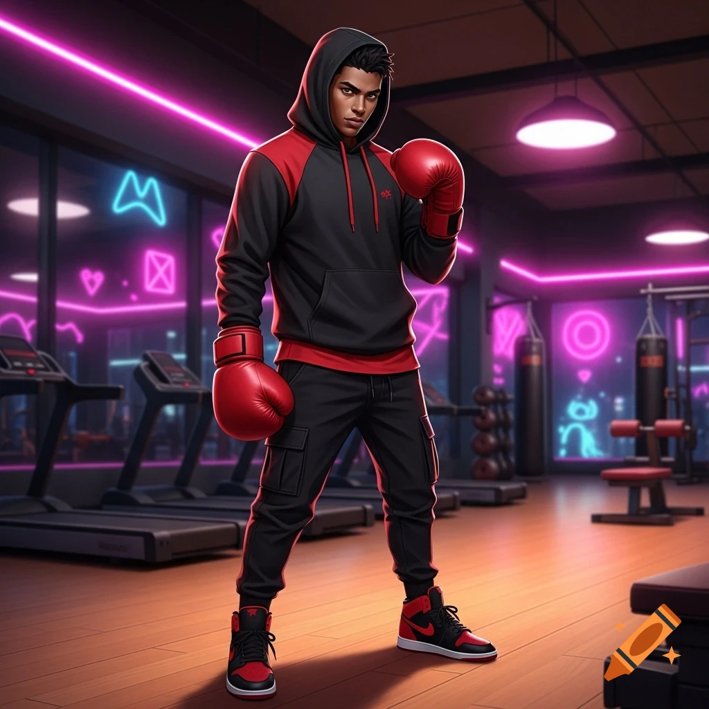 A stylized guy in a black and red hoodie and red boxing gloves stands in a neon-lit gym.