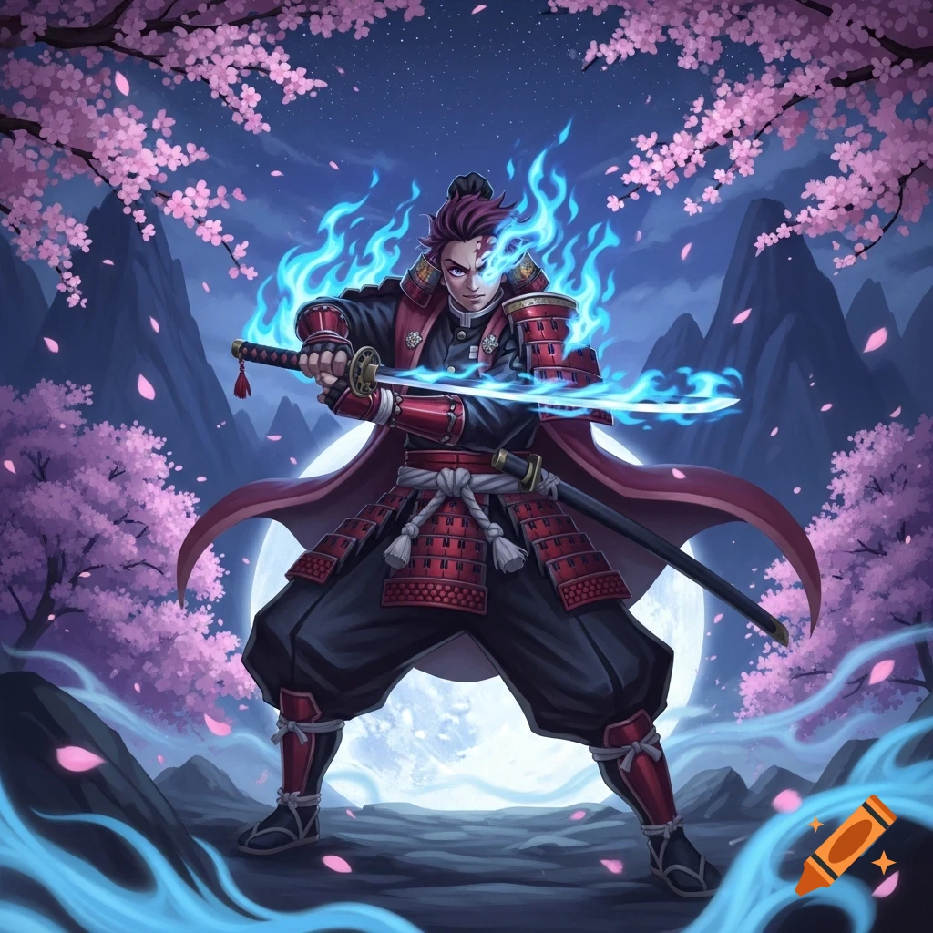 Anime warrior in red samurai armor with blue flames, holding a katana under cherry blossoms and a full moon.