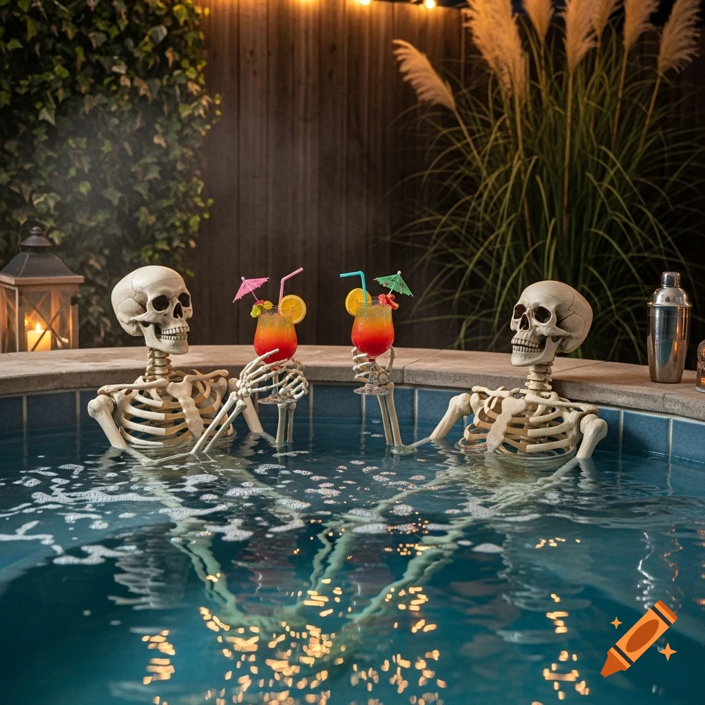 Two photorealistic skeletons relax in a hot tub at night, holding colorful cocktails with umbrellas under string lights.