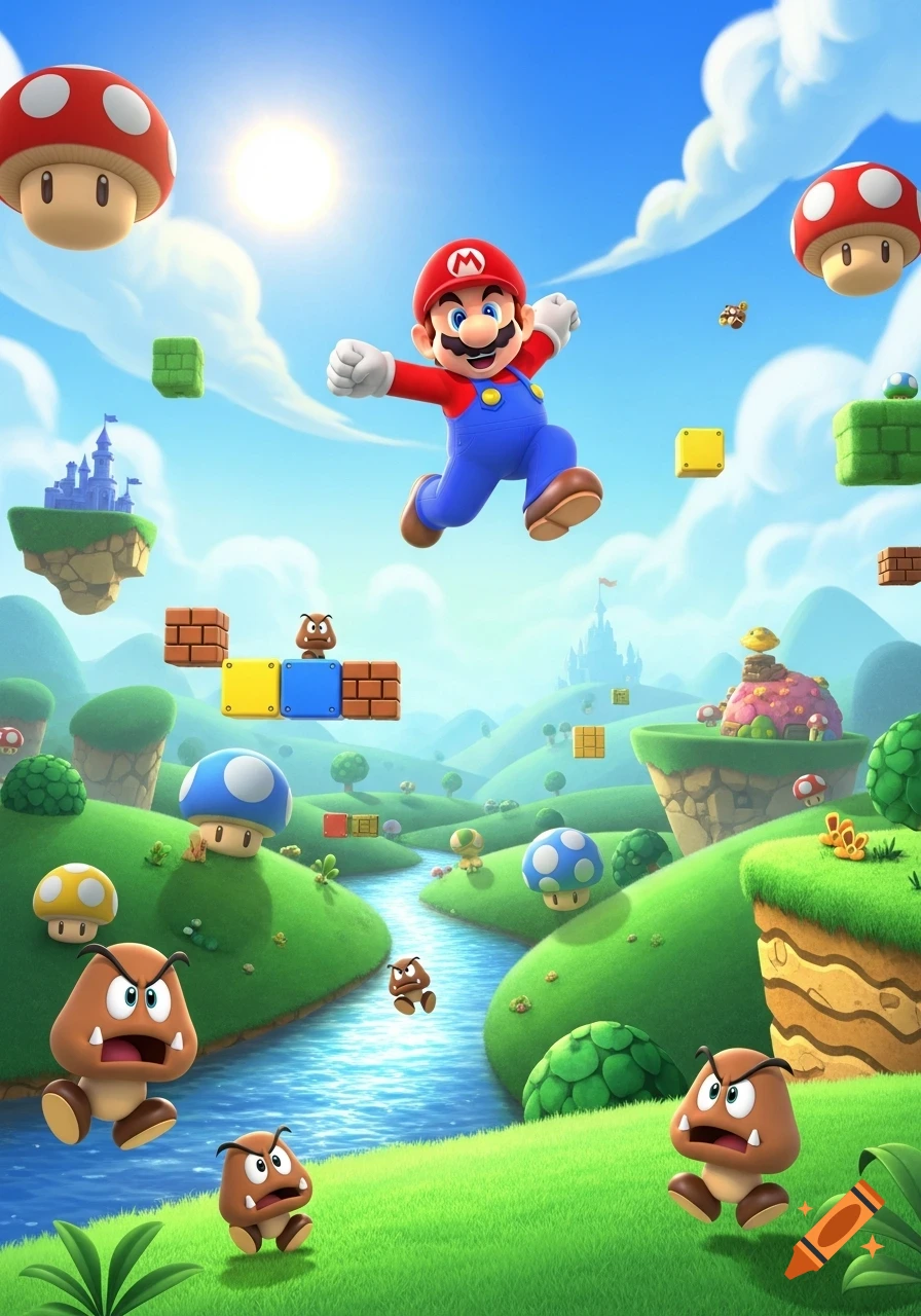Mario jumps in a vibrant, cartoonish Super Mario game landscape with Goombas, mushrooms, and blocks under a sunny sky.