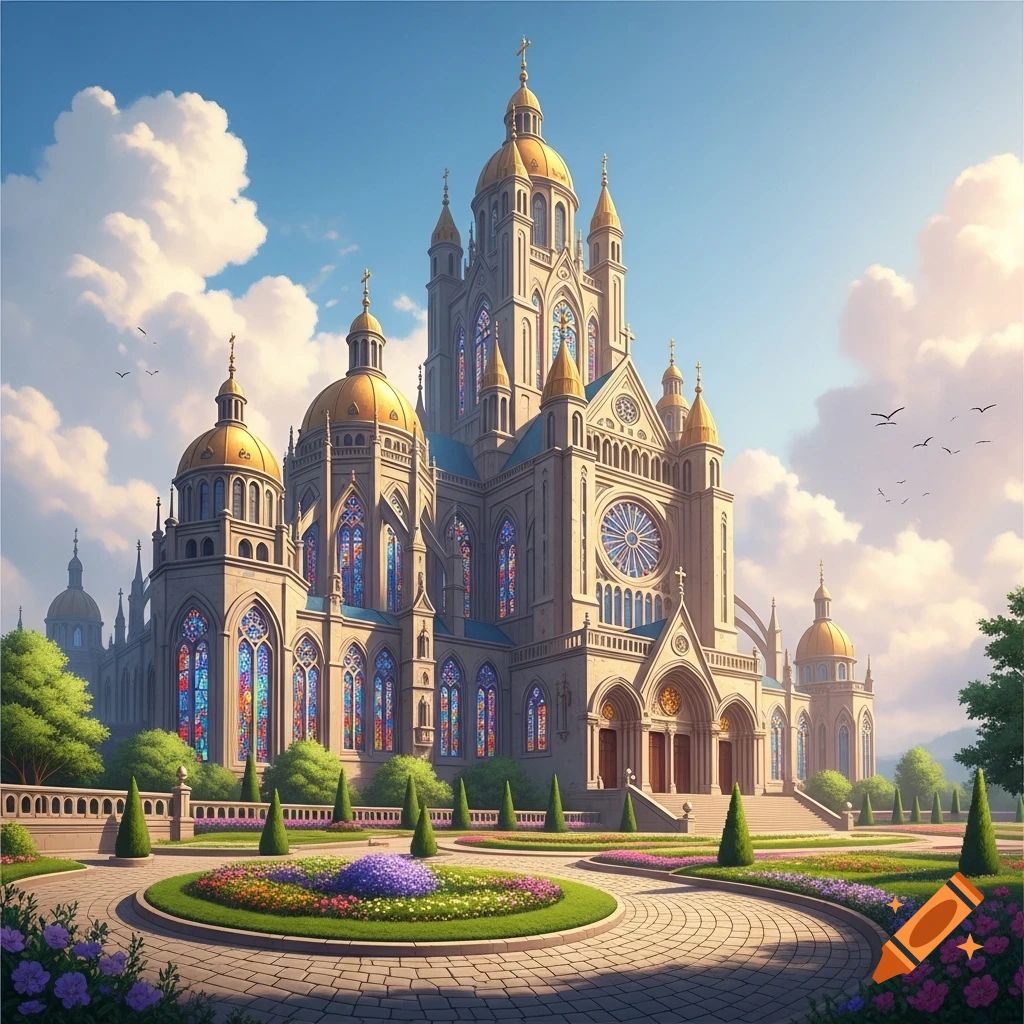 A grand, ornate church with golden domes, many towers, and colorful stained glass windows, set in lush gardens under a bright blue sky.