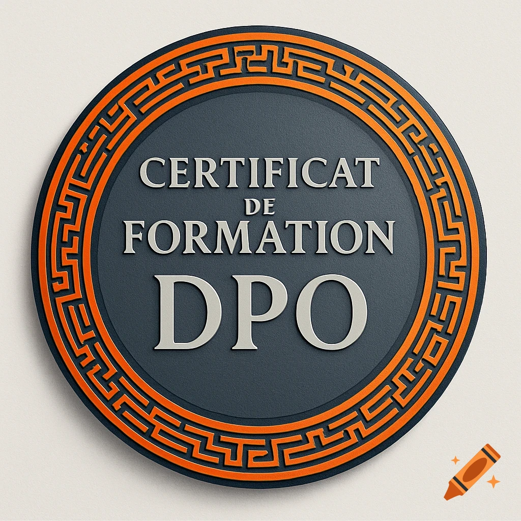 A round, grey and orange emblem with a geometric border, featuring the text "CERTIFICAT DE FORMATION DPO" in its center.