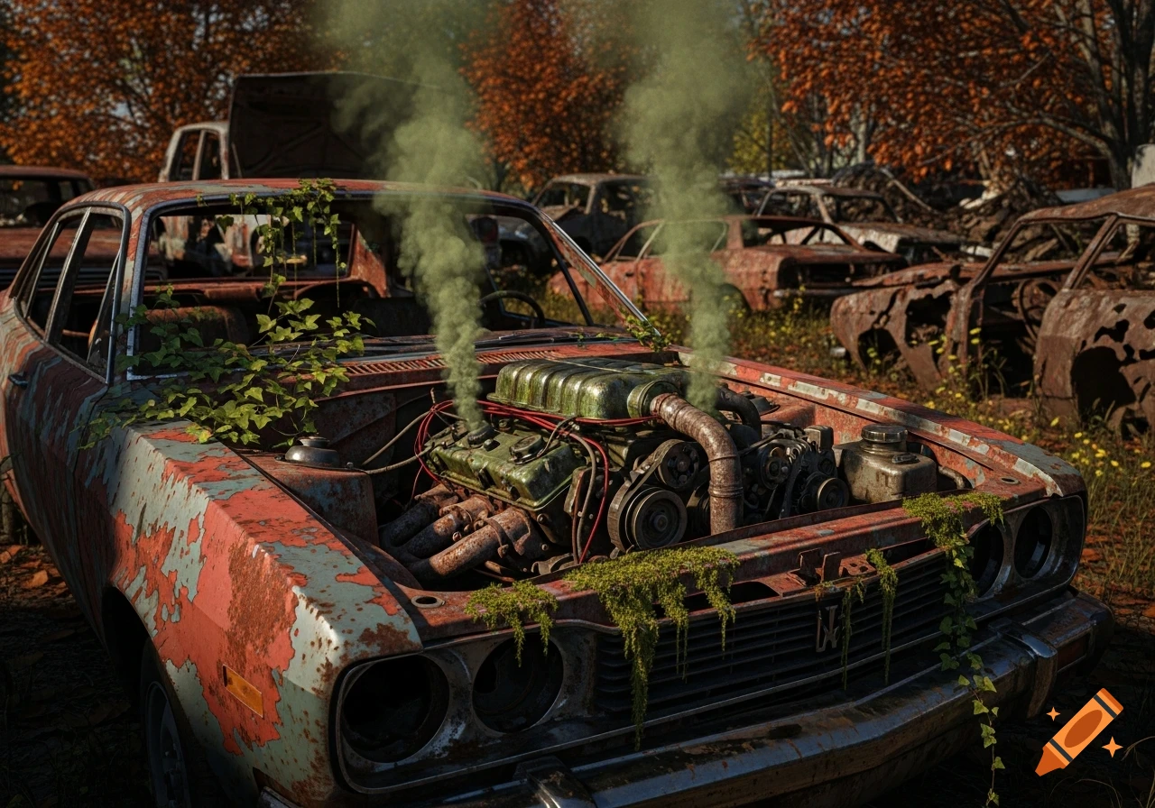 A rusty, abandoned car with its hood open, a smoking green engine visible, amidst other decaying vehicles in a junkyard.