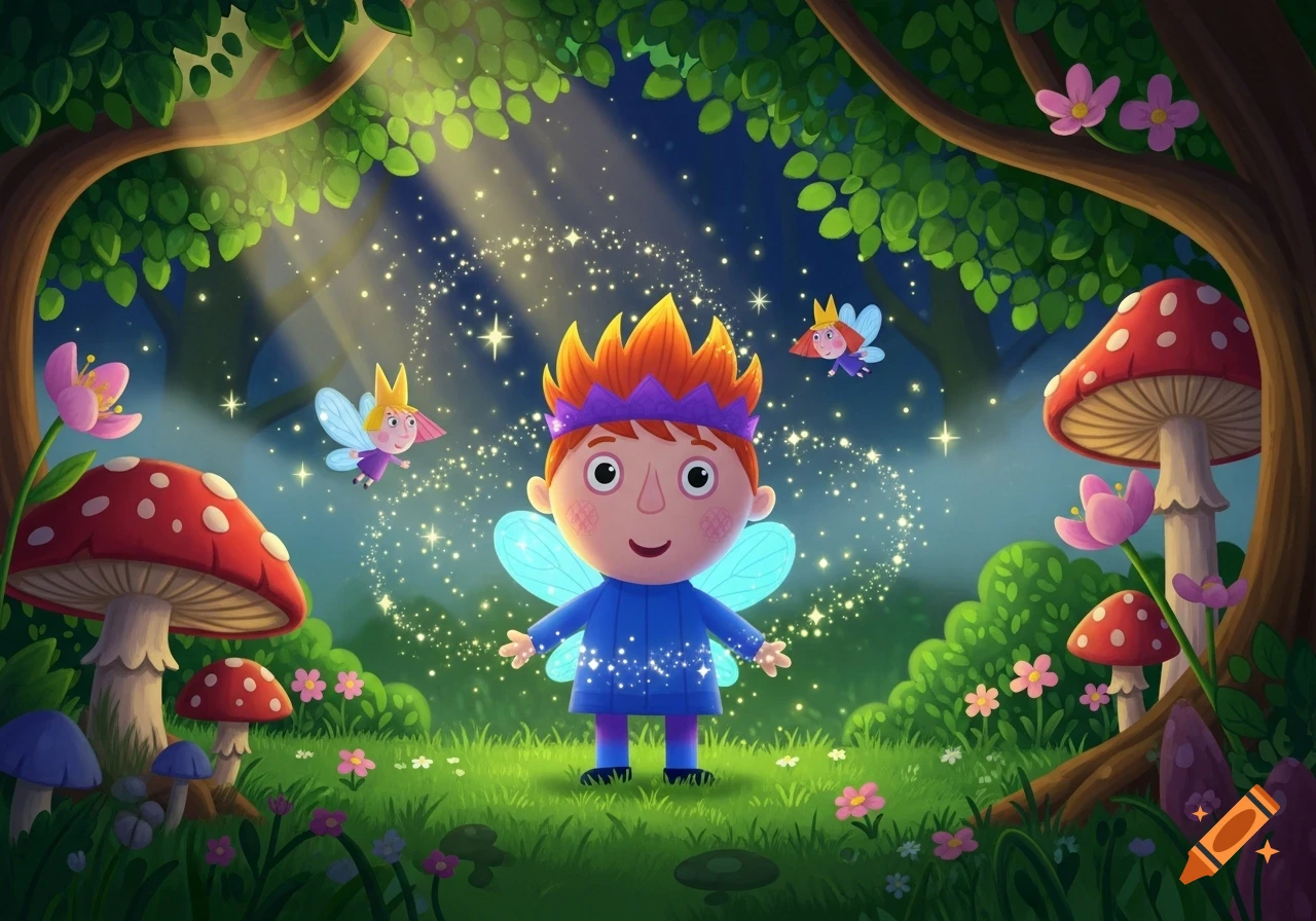 A cartoon fairy boy with spiky orange hair and blue wings stands in a magical forest with glowing sparkles, surrounded by flying fairies and red mushrooms.