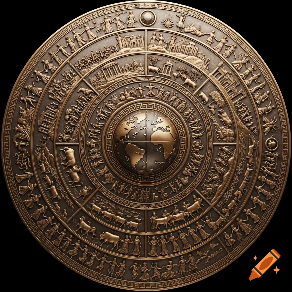 Highly detailed bronze shield with mythological scenes in concentric rings, featuring a globe, human life, war, and nature.