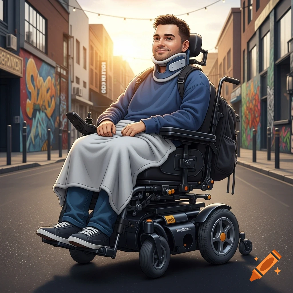 A smiling man with a neck brace sits in a power wheelchair with a blanket over his legs, on a sunny city street with buildings and graffiti.