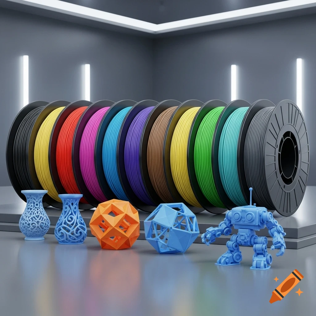 A row of colorful 3D printer filament spools behind various 3D printed objects including vases, geometric shapes, and a robot.