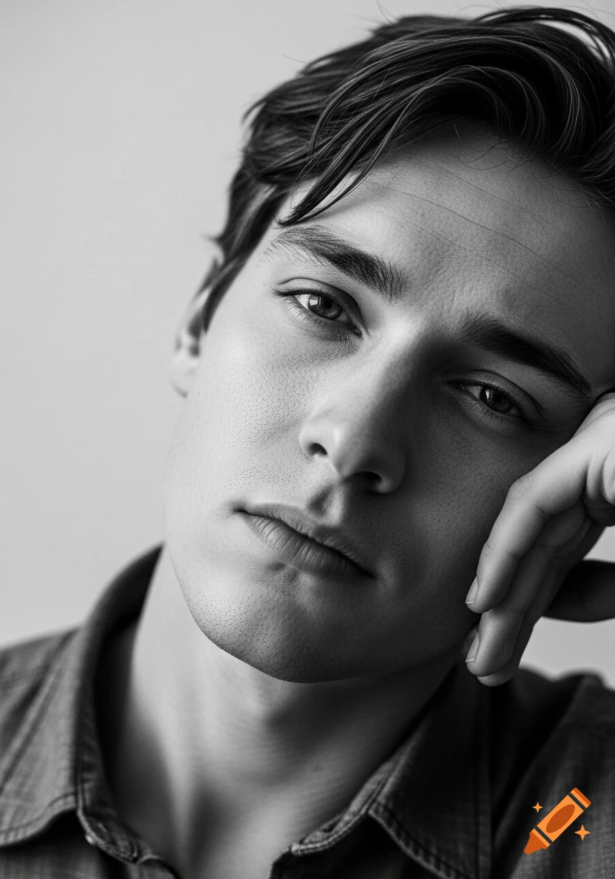 Black and white close-up portrait of a young man resting his head on his hand, with a tired and emotional expression.