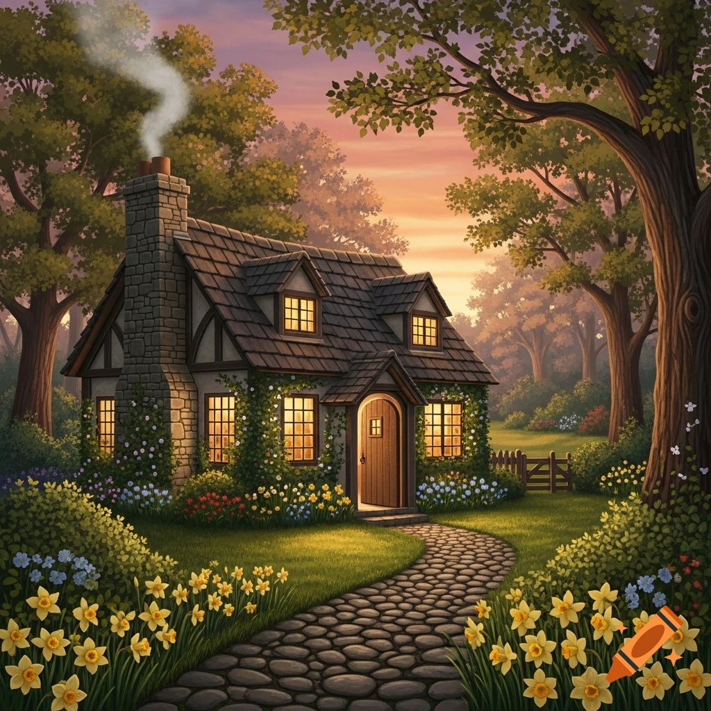 A charming stone and timber cottage with glowing windows at dusk, nestled in a lush garden with daffodils and a winding cobblestone path.