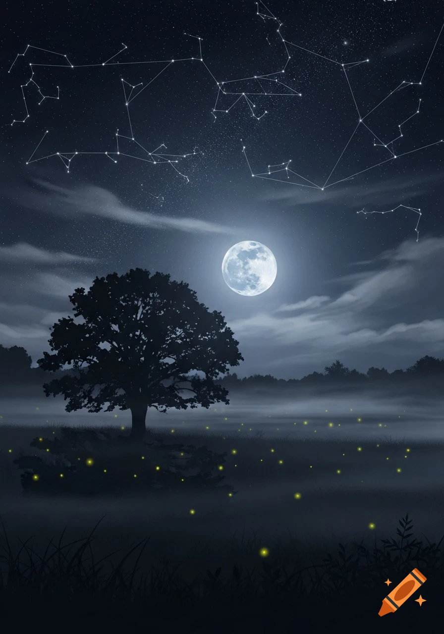 A full moon illuminates a dark, misty field with fireflies and a silhouetted tree under a starry night sky with constellations.