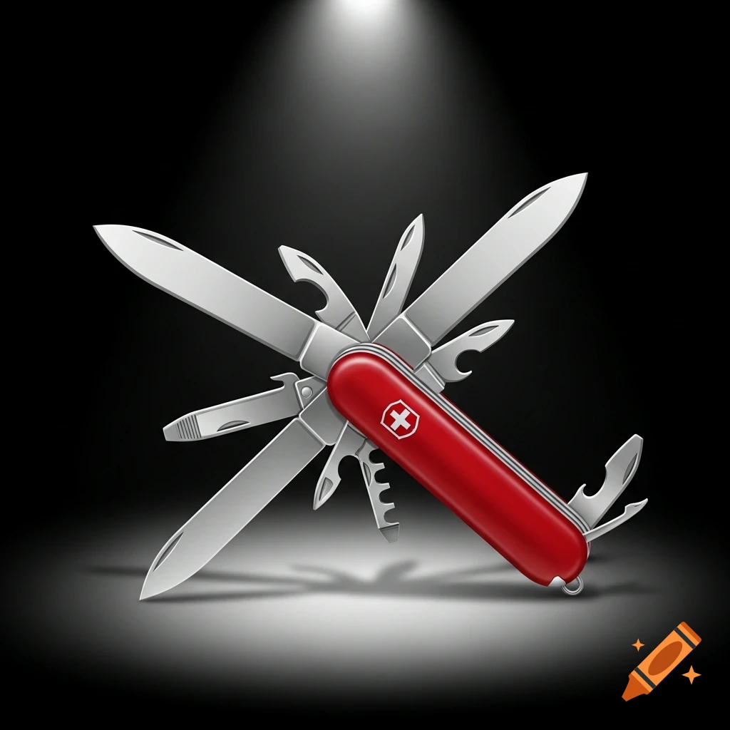 A photorealistic red Swiss army knife with multiple tools extended, highlighted by a spotlight on a dark background.