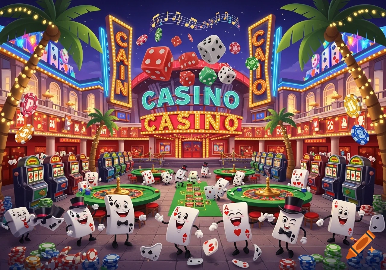 A vibrant cartoon casino with slot machines, roulette tables, anthropomorphic playing cards and dice, under neon signs and palm trees.