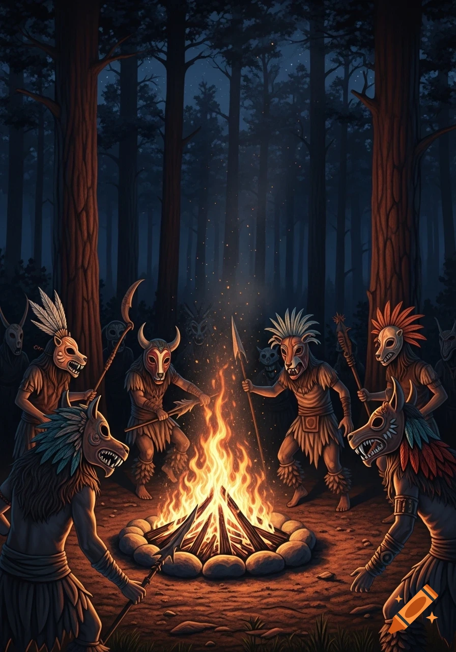 Masked figures in a dark forest at night dance around a glowing campfire, wielding spears and staffs.