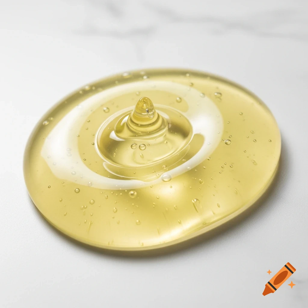Macro shot of translucent pale yellow viscous liquid with small bubbles and a central peak on a white marble surface.