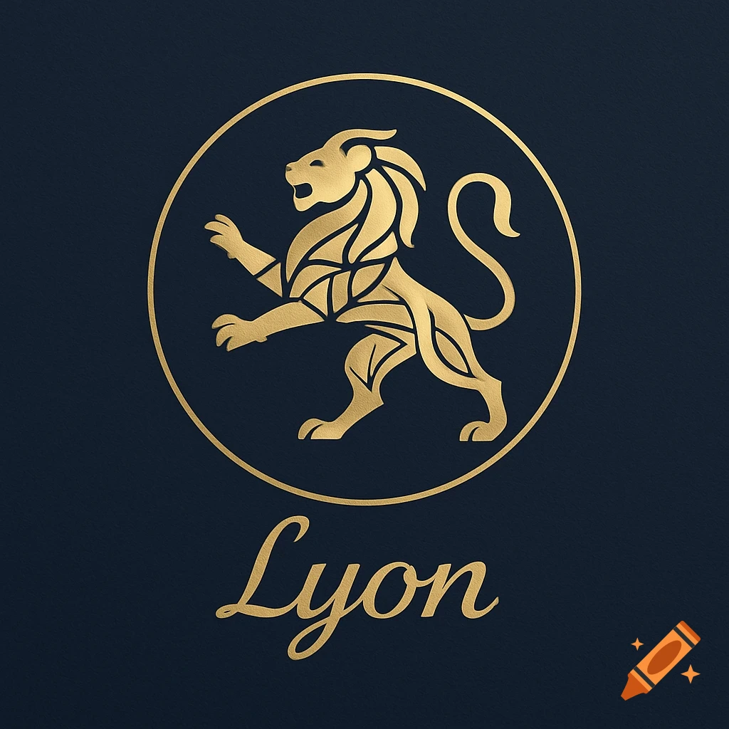 Golden heraldic lion emblem in a circle above the word 'Lyon' on a dark blue background, minimal graphic style.