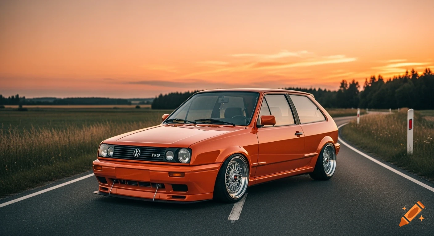 A vibrant orange VW Polo with a wide body kit and deep spoiler on a country road during a late summer sunset.