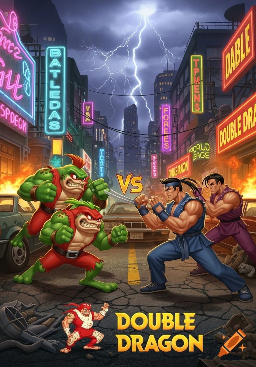 Cartoon characters, two green Battletoads-like creatures face off against two men in martial arts attire. They stand on a cracked city street under a stormy, lightning-filled sky, surrounded by neon signs and burning cars. The text "VS" and "DOUBLE DRAGON" are prominent.