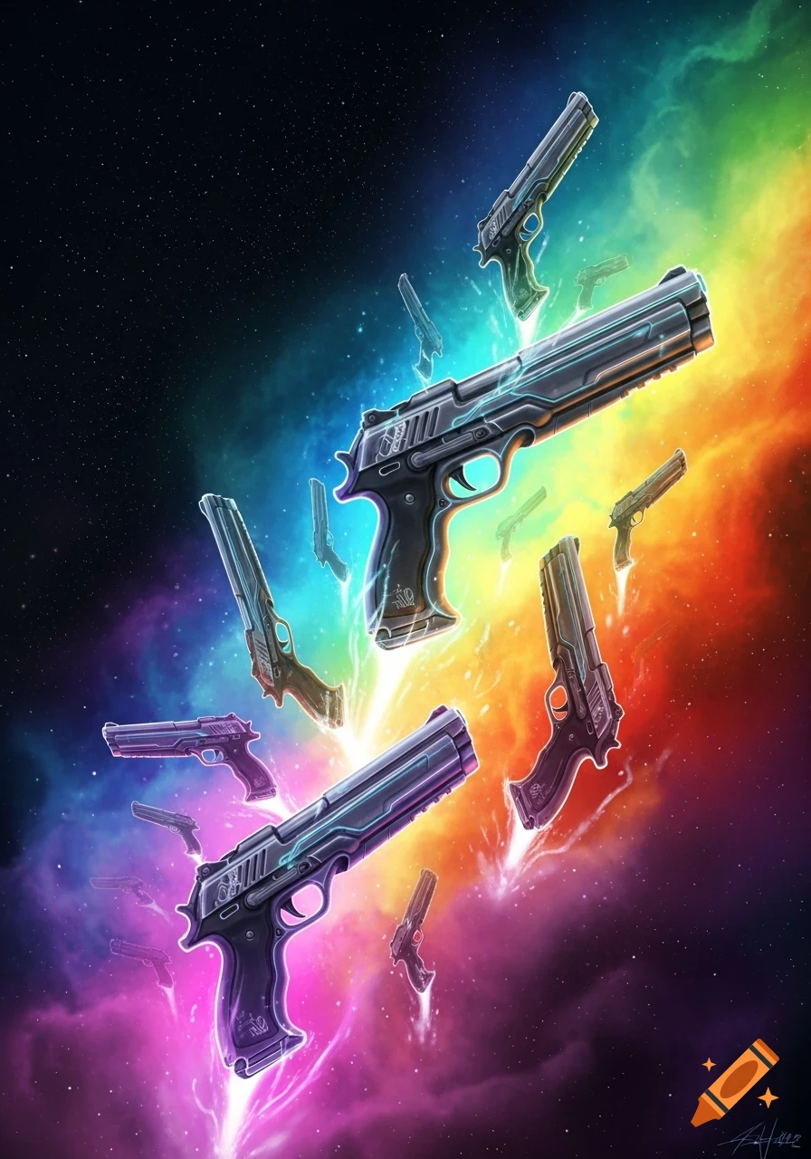 Multiple stylized, glowing pistols float dynamically against a vibrant rainbow nebula and starry cosmic background.