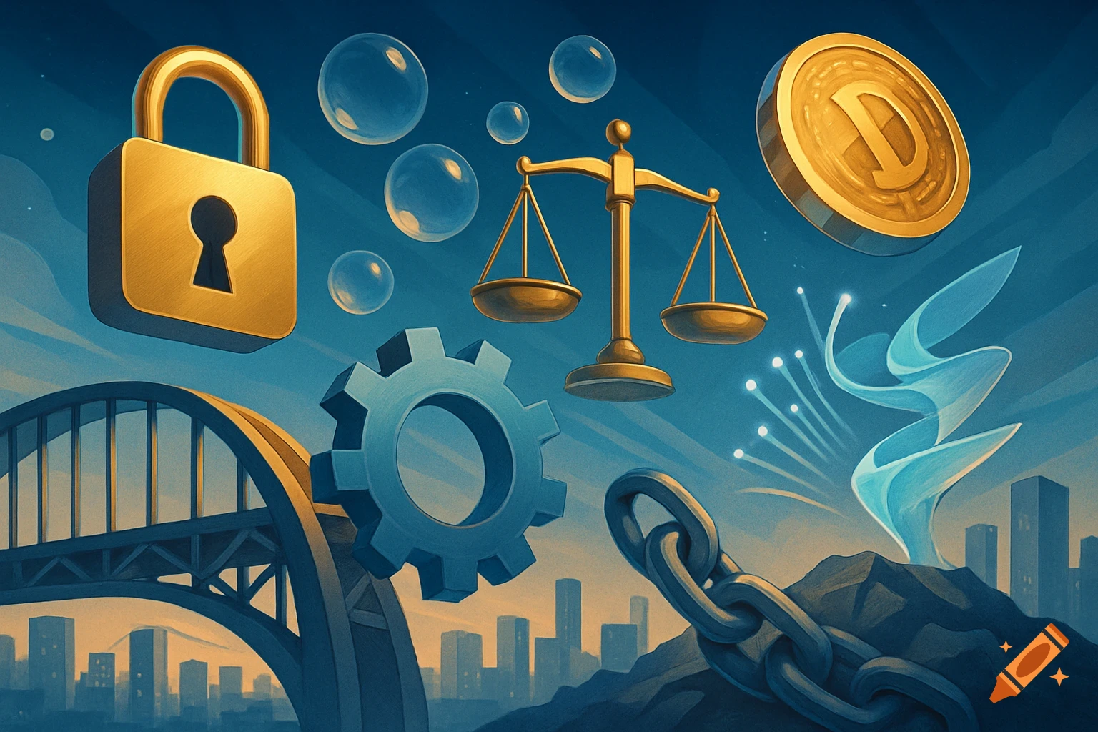 An abstract illustration featuring a golden padlock, scales of justice, a gear, a coin with a 'D', a chain, and glowing light trails against a cityscape and bridge, all under a blue sky.