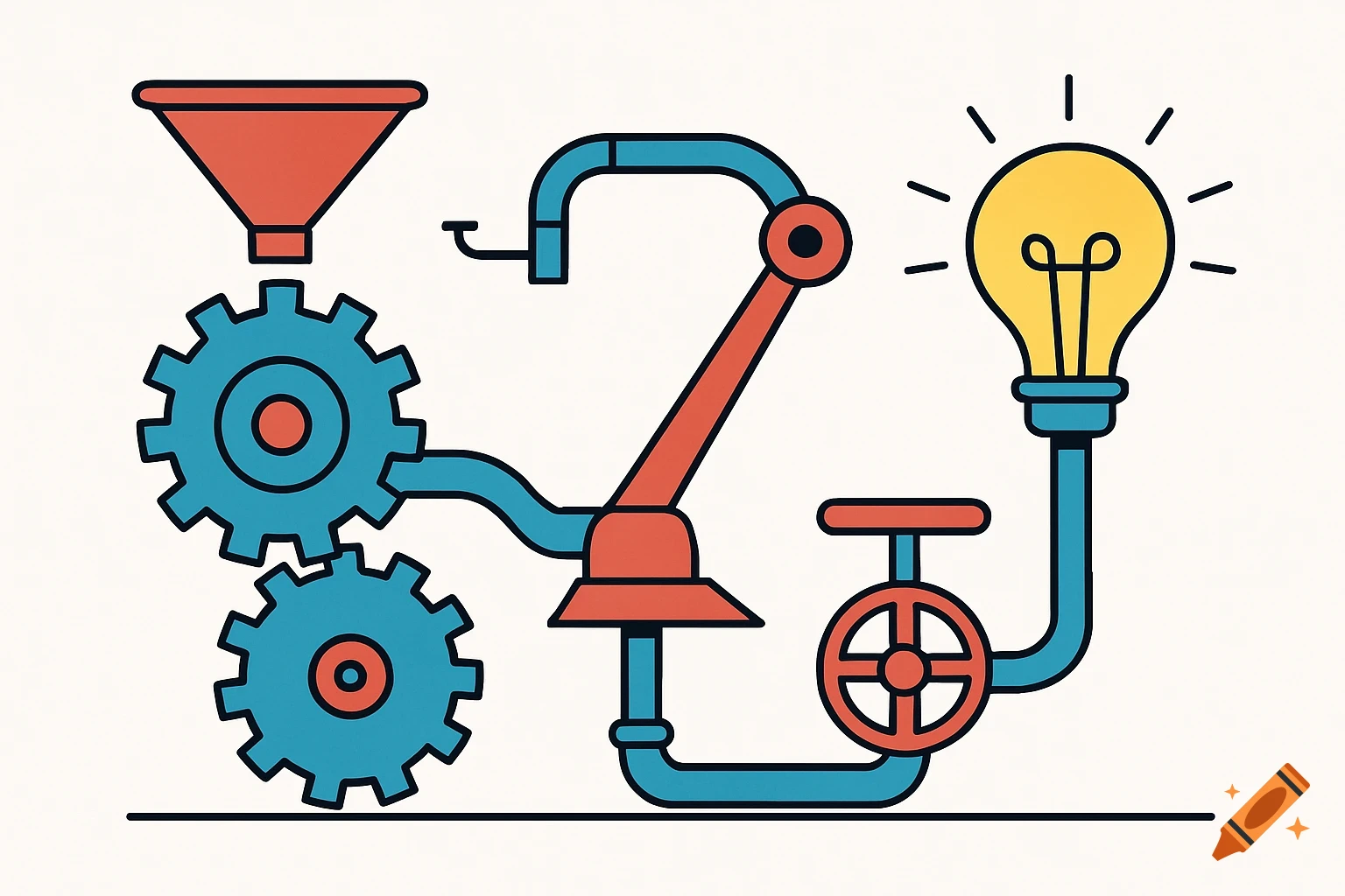Stylized technical illustration of an idea machine with a funnel, gears, pipes, a valve, and a glowing lightbulb.