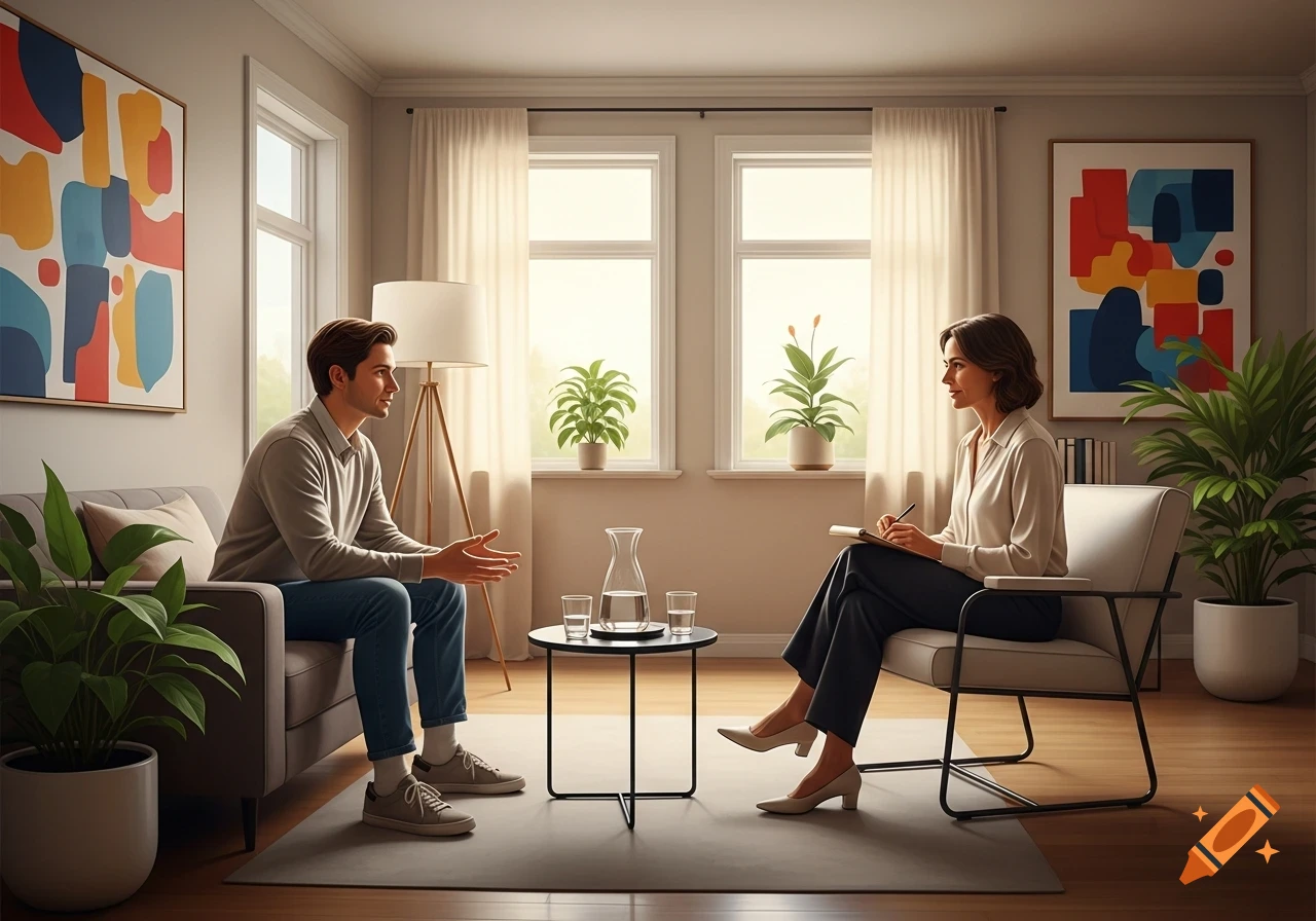 A man on a couch speaking to a woman taking notes in a modern, plant-filled therapy office.