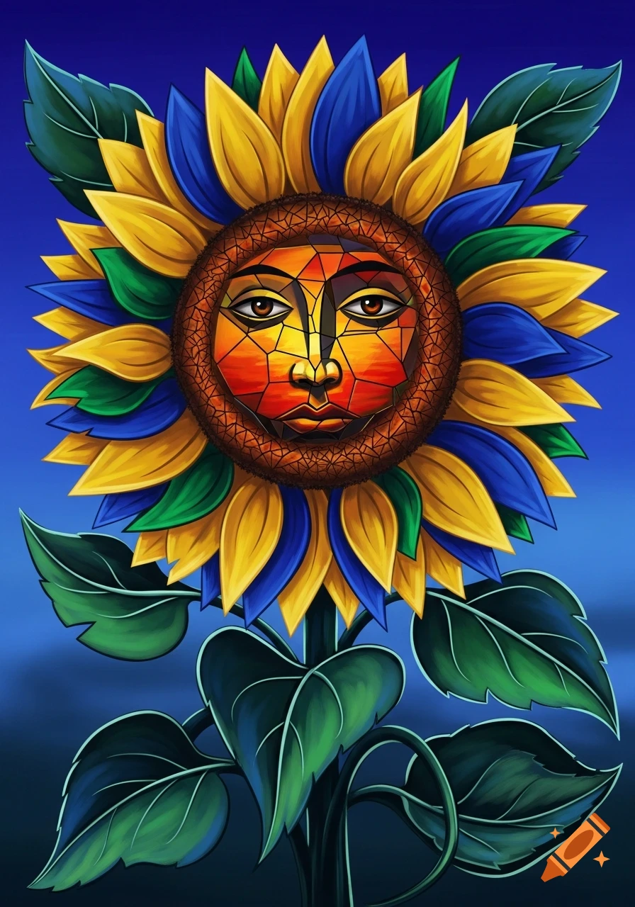 A vibrant, cubist-style sunflower with a human-like face as its center, featuring yellow, blue, and green petals against a blue background.