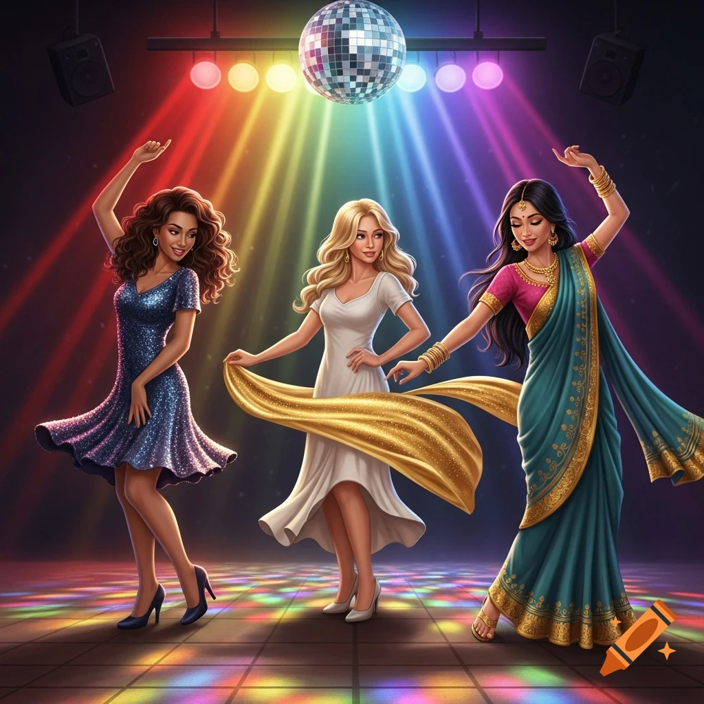 Three women of diverse appearance dance under a disco ball and colorful spotlights in a vibrant illustration.