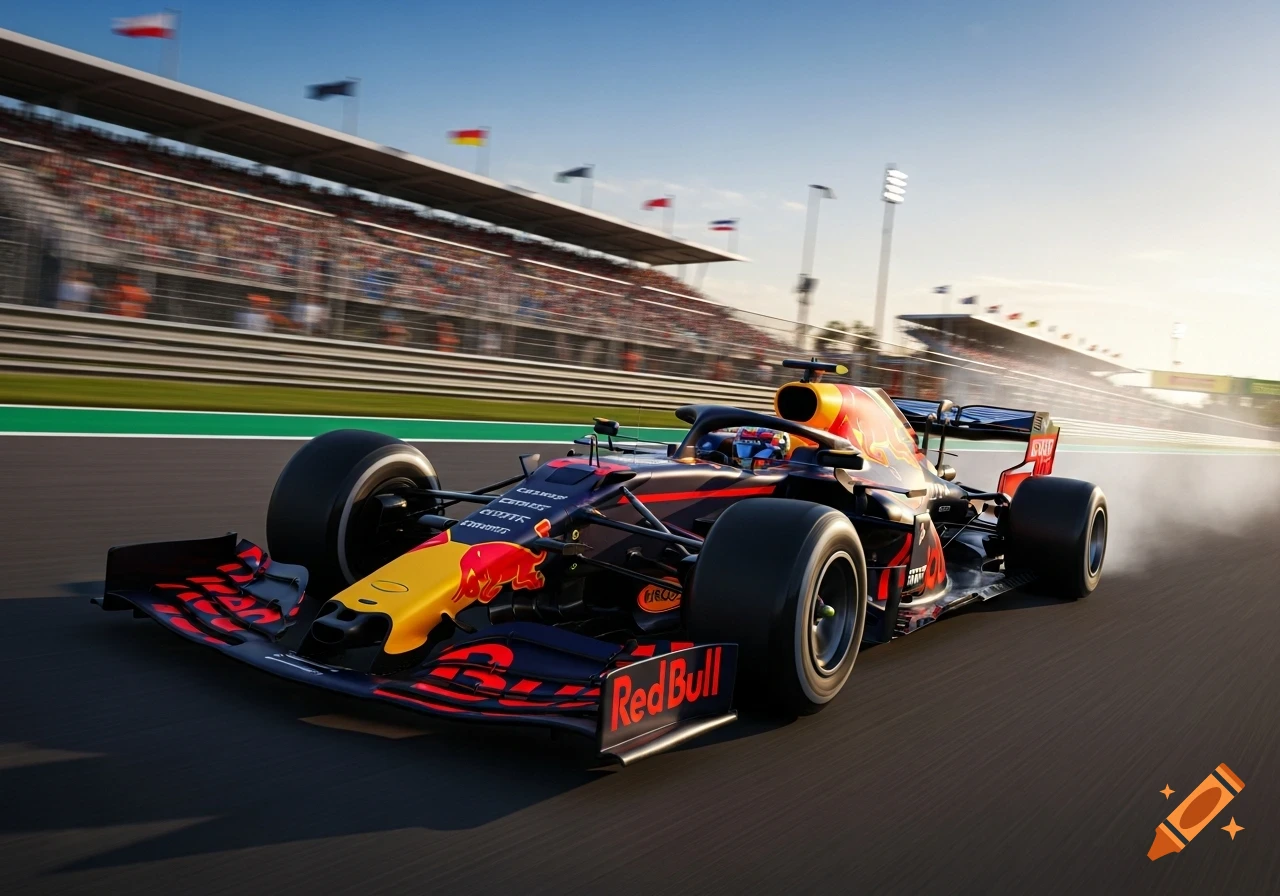 Photorealistic Red Bull Formula 1 race car with a driver, speeding on a track with spectators under a sunny sky.