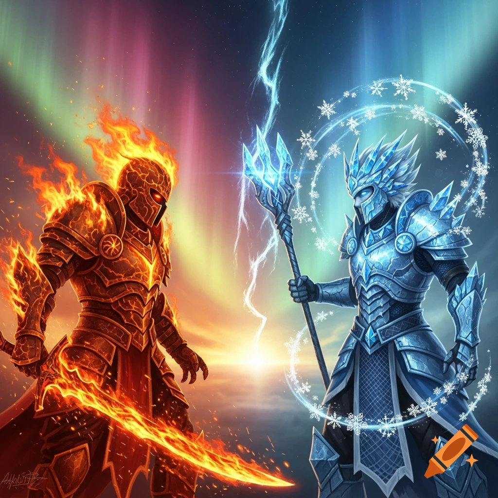 A fire warrior with a flaming sword faces an ice warrior holding an ice staff, set against a split sky of fire and ice aurora.