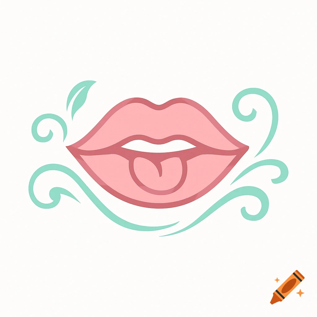 A stylized illustration of pink lips with a tongue slightly extended, surrounded by teal swirls and a leaf, on a white background.