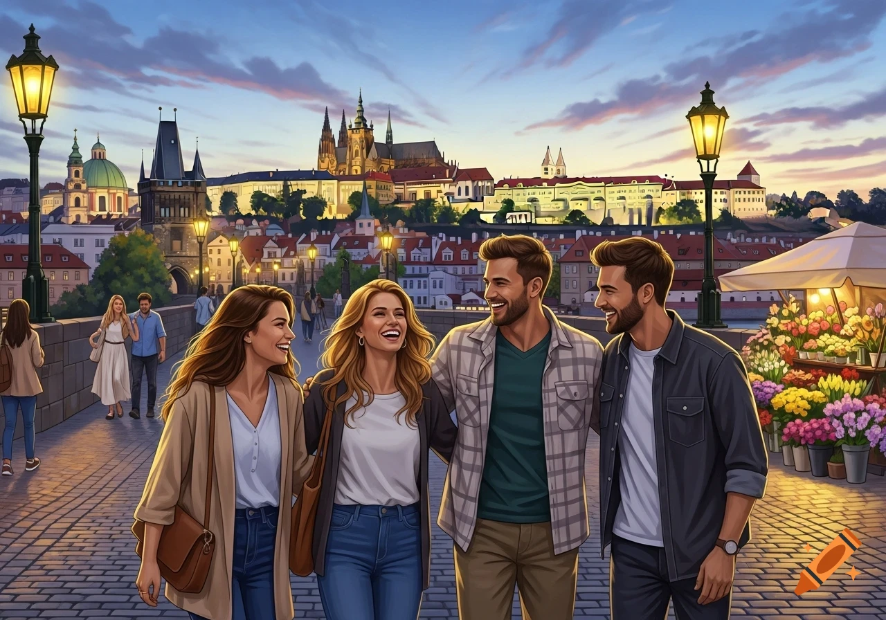 Four friends walk and laugh on a historic bridge in a European city at dusk, with illuminated buildings and a flower stand in digital art style.
