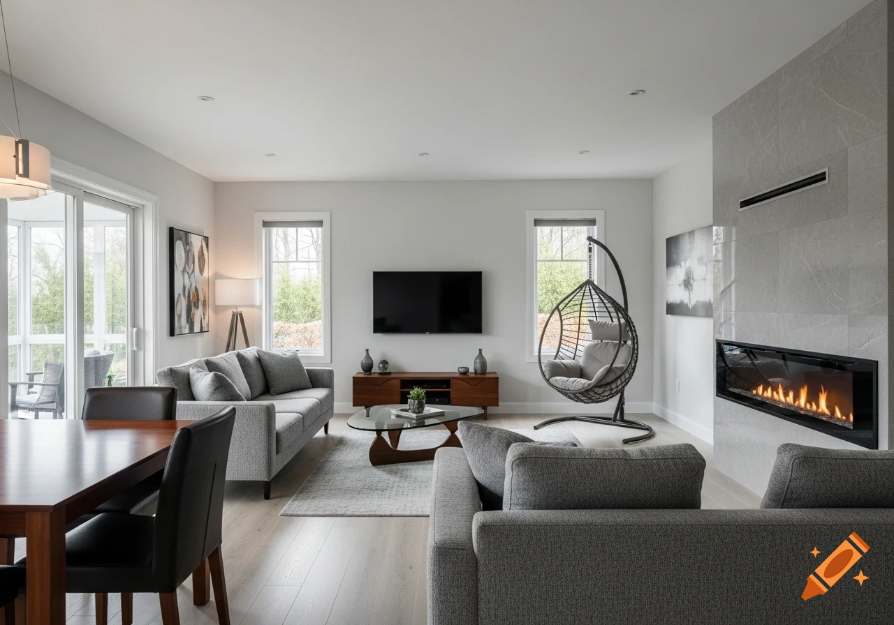 A bright, modern living room with gray sofas, a fireplace, TV, and a dining area with a dark wood table.