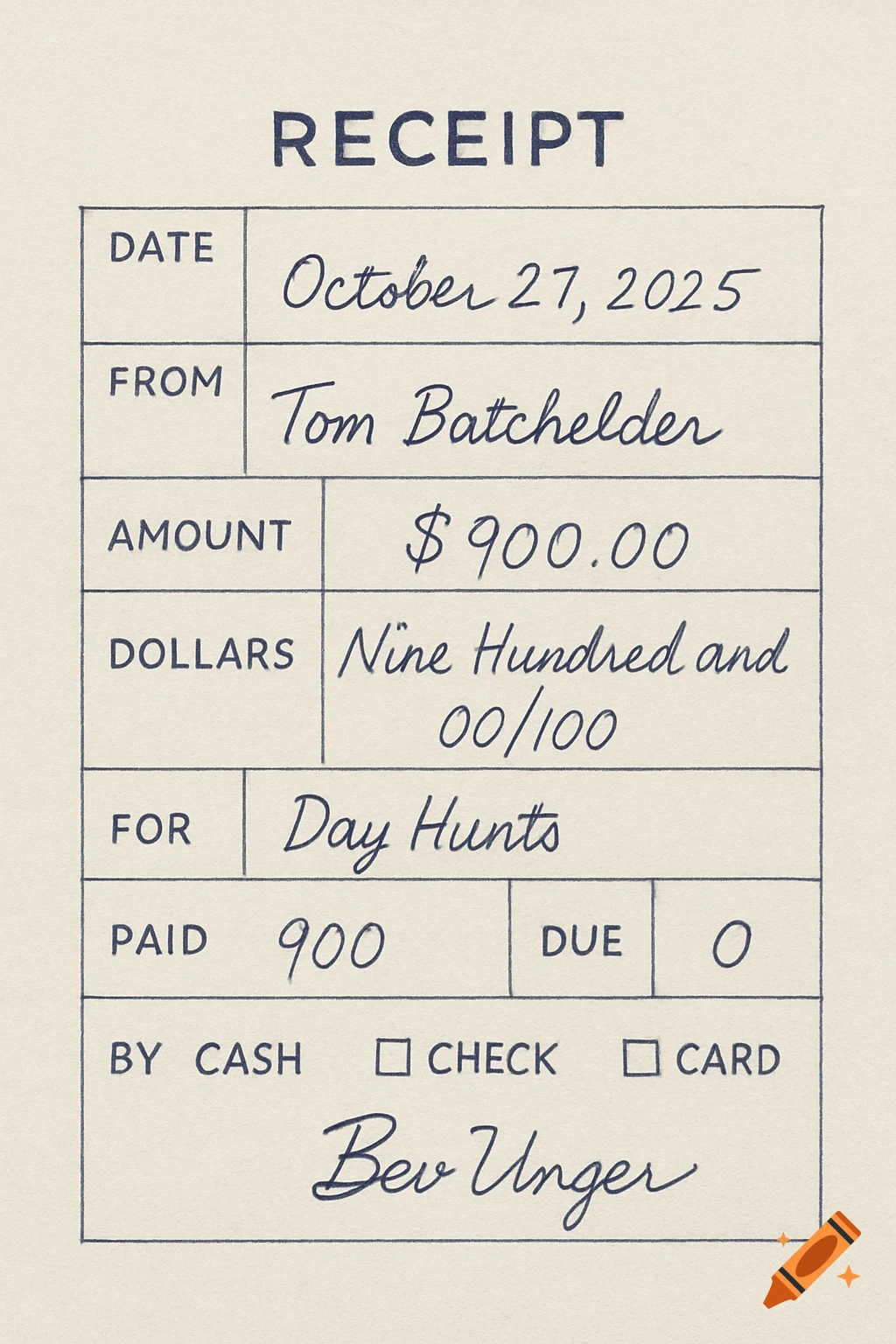 A scanned paper receipt for $900 paid by Tom Batchelder to Bev Unger for Day Hunts on Oct 27, 2025.