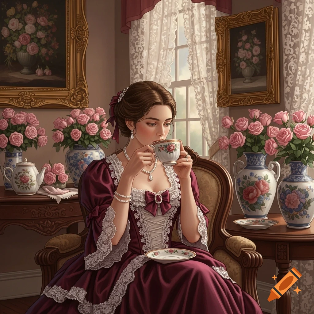 A Victorian woman in a burgundy dress with lace trim sips tea from a delicate cup in a richly decorated room with rose bouquets.