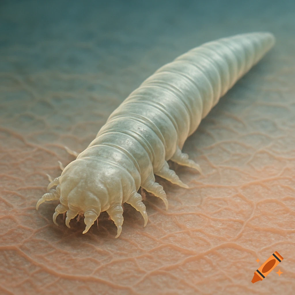 Close-up, detailed view of a light-colored Demodex face mite crawling on textured human skin.