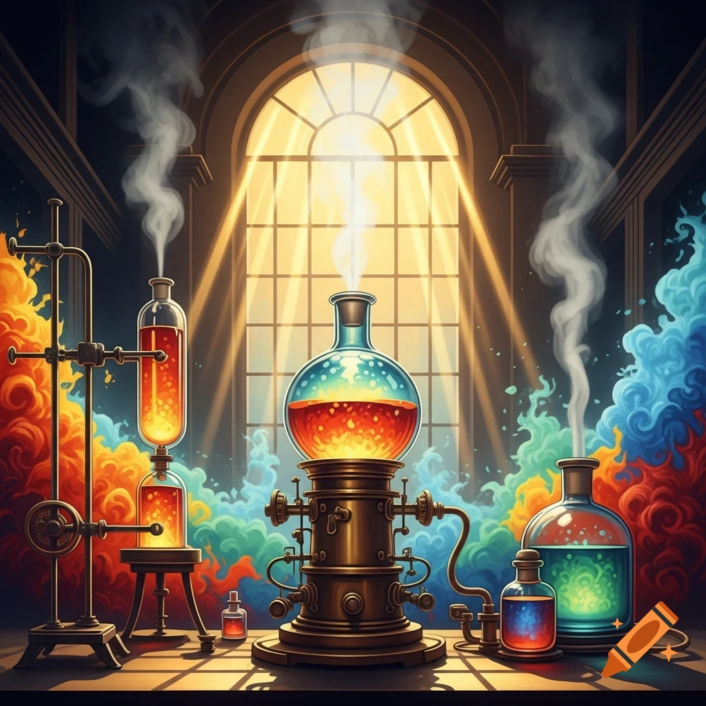 Stylized chemistry lab with elaborate glass beakers, colorful bubbling liquids, and swirling steam, bathed in golden light from an arched window.