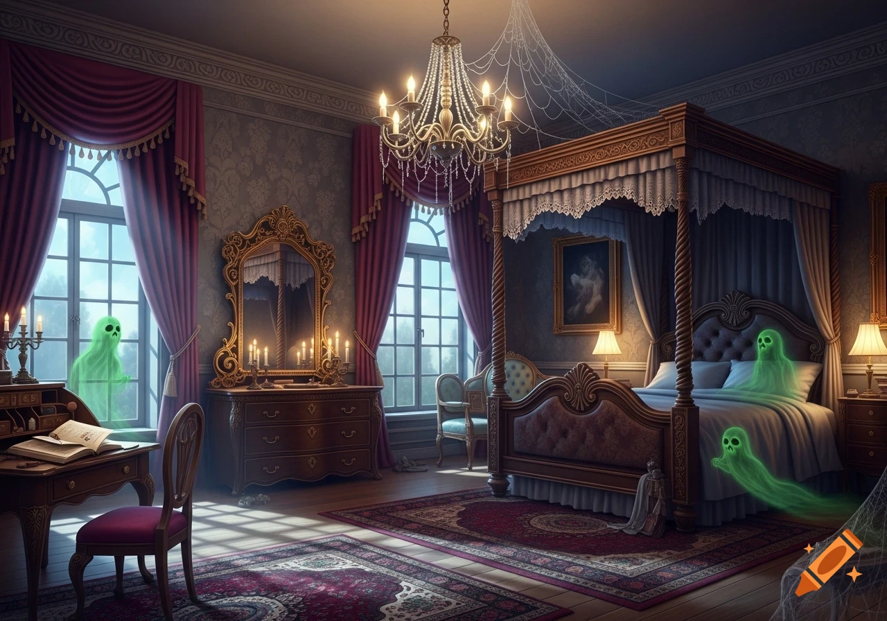 A grand Victorian-style hotel bedroom with ornate furniture, purple curtains, a four-poster bed, and glowing green ghosts.