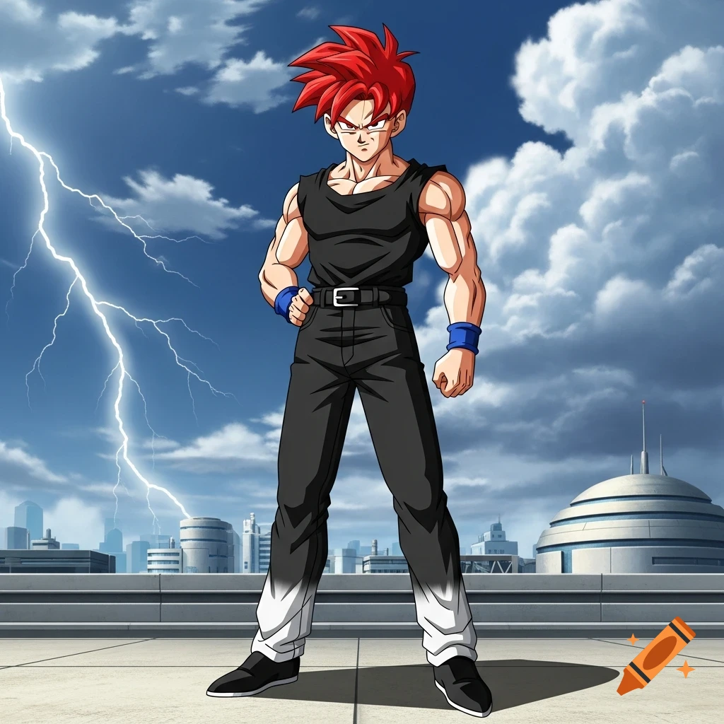 Anime male character with red spiky hair, black tank top, and black and white jeans, standing on a rooftop with lightning.