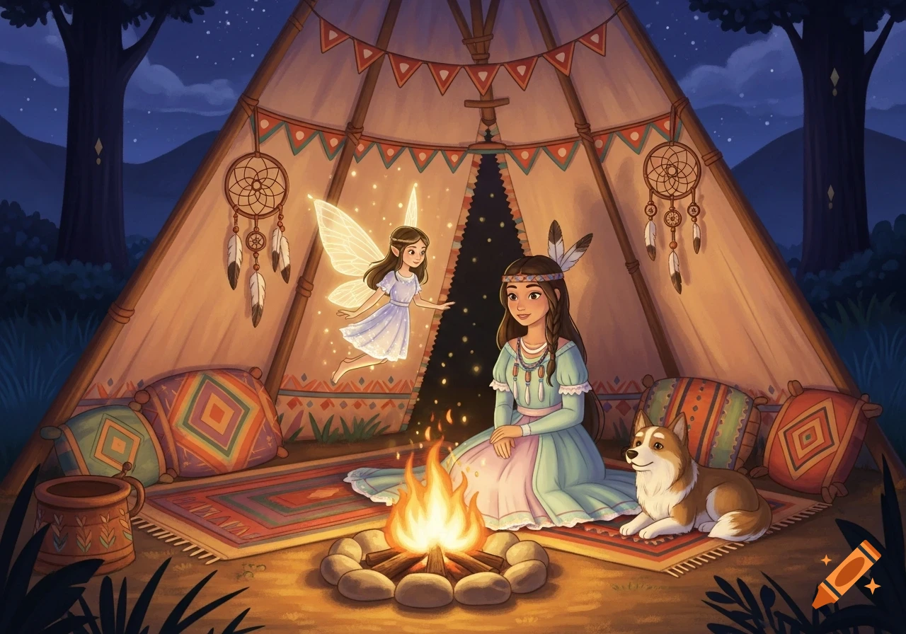 An illustrated scene with a princess, a floating fairy, and a dog sitting by a campfire inside a decorated teepee at night.