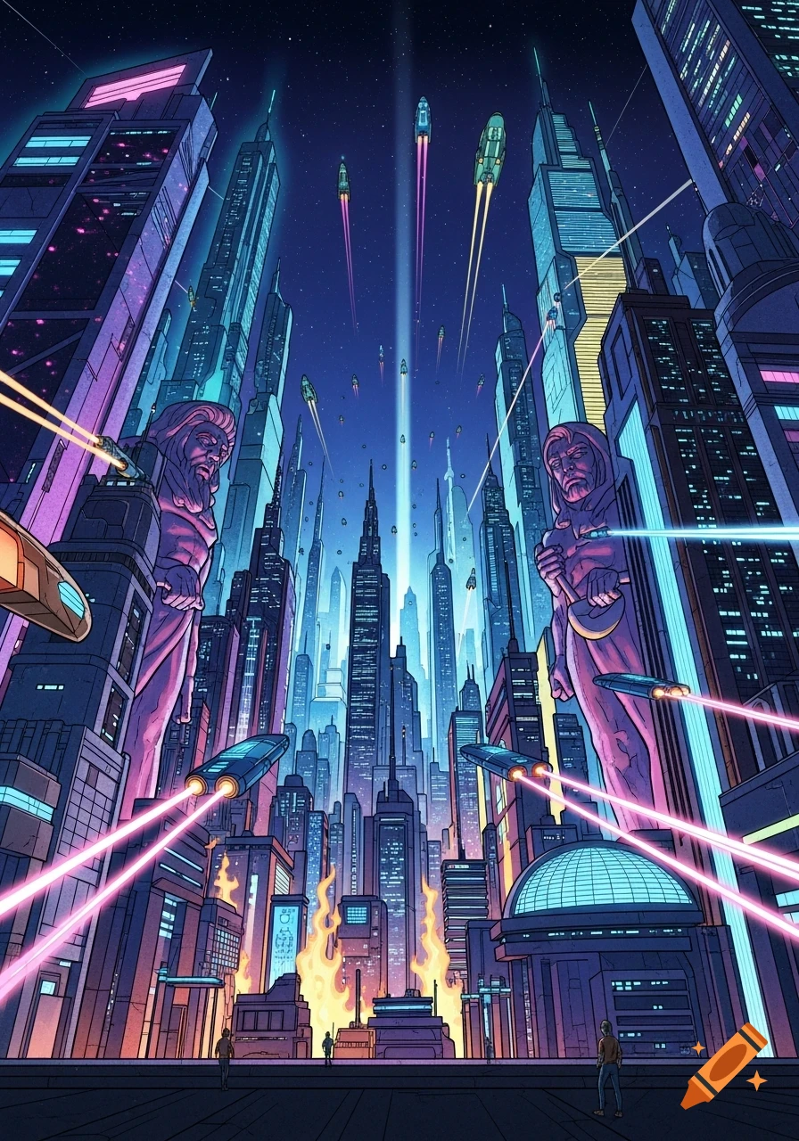 Vibrant comic art of a futuristic city at night with towering skyscrapers, flying vehicles, colossal statues, and glowing beams.