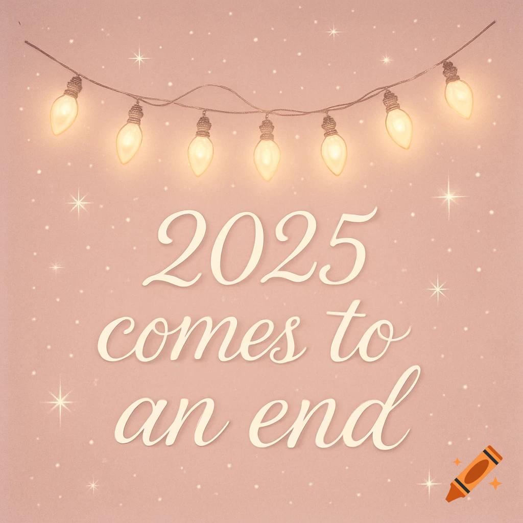 A string of glowing holiday lights above the text '2025 comes to an end' on a sparkly pink background.