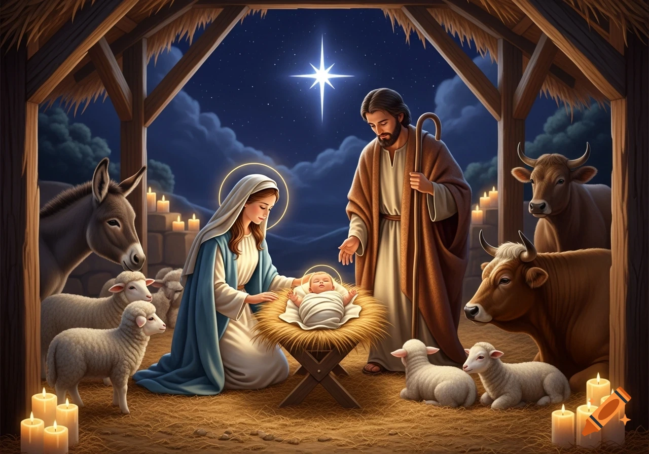 Mary, Joseph, and baby Jesus in a manger, surrounded by sheep, cows, and a donkey in a barn under a starry night.