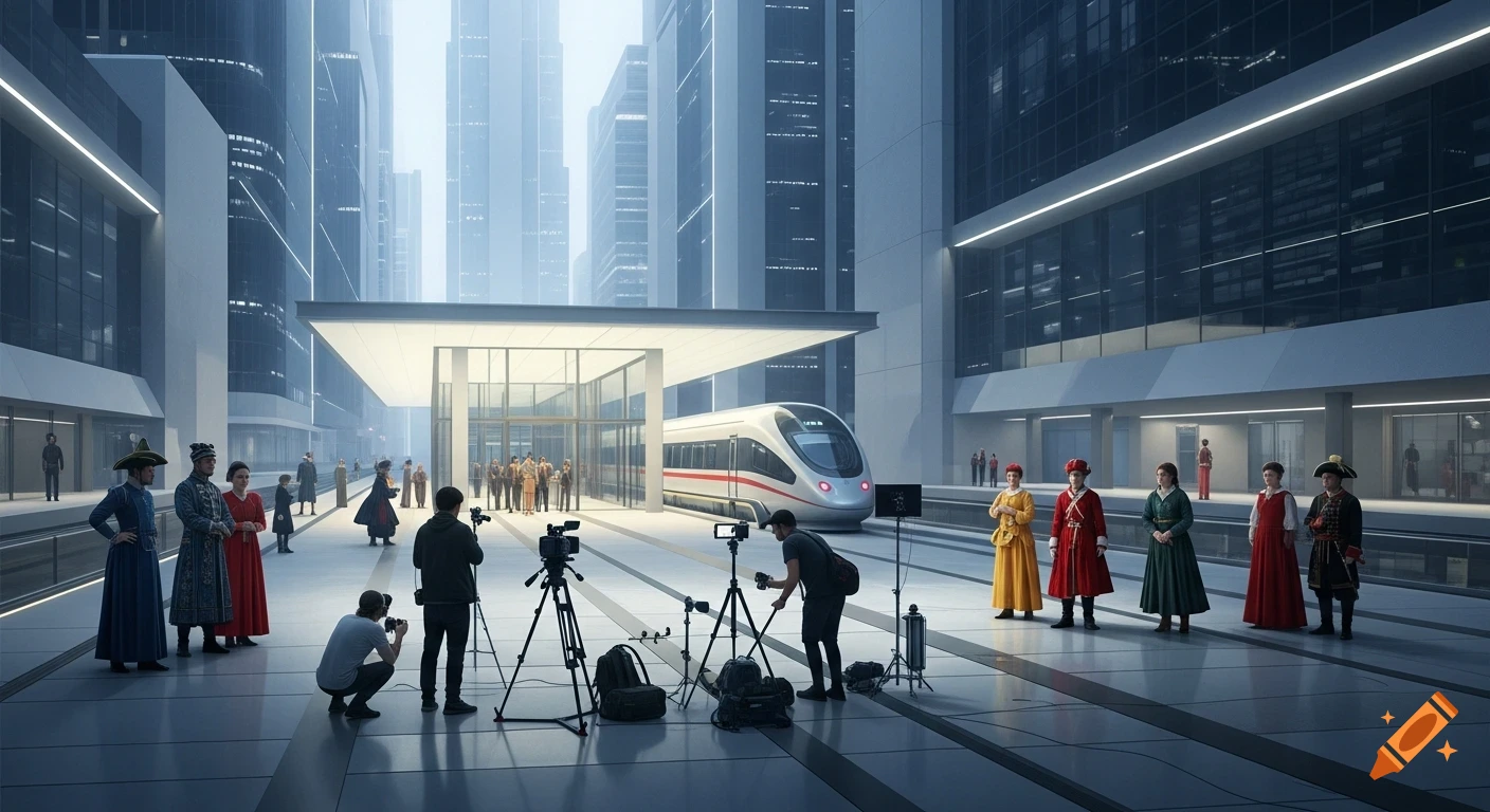 A film crew shoots people in historical costumes at a futuristic city train station, with skyscrapers and a sleek train.
