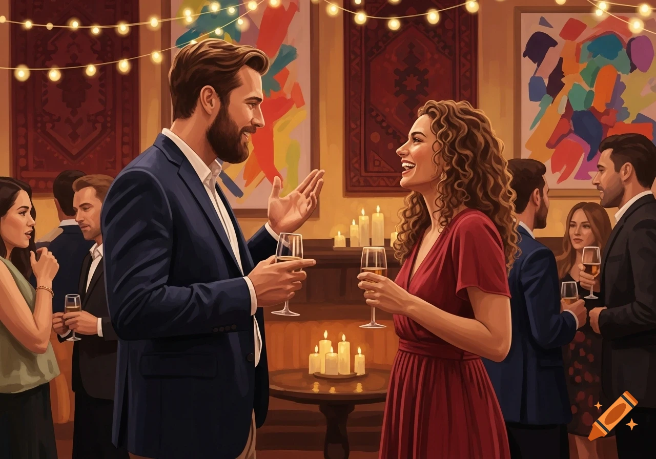A man and woman talk and laugh at a lively party, holding drinks. Other guests, candles, and string lights are in the illustrated background.