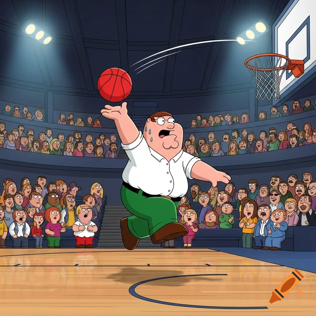 Peter Griffin jumps to shoot a basketball in a crowded stadium in a cartoon style.