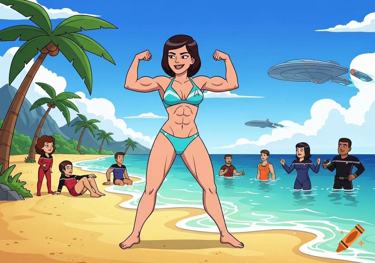 Cartoon of Beckett Mariner from Star Trek: Lower Decks flexing in a bikini on a beach with other characters and Starfleet ships.