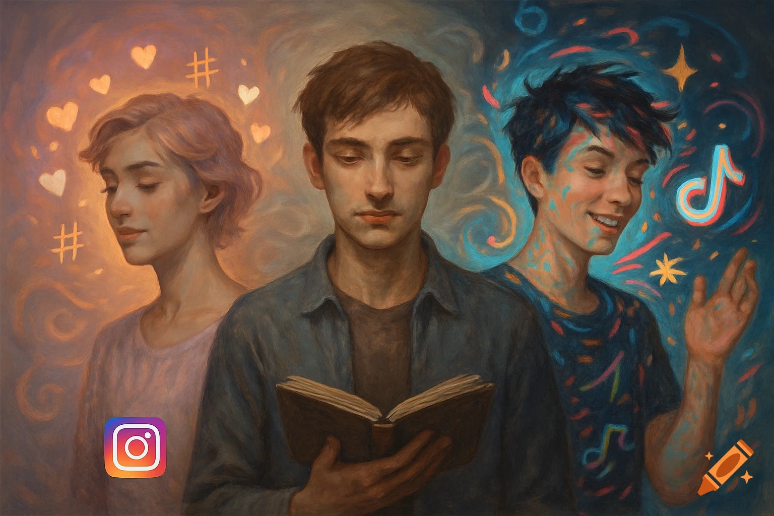 Painting of three men: one with Instagram symbols, one reading a book, and one with TikTok symbols, representing digital personas and an offline self.