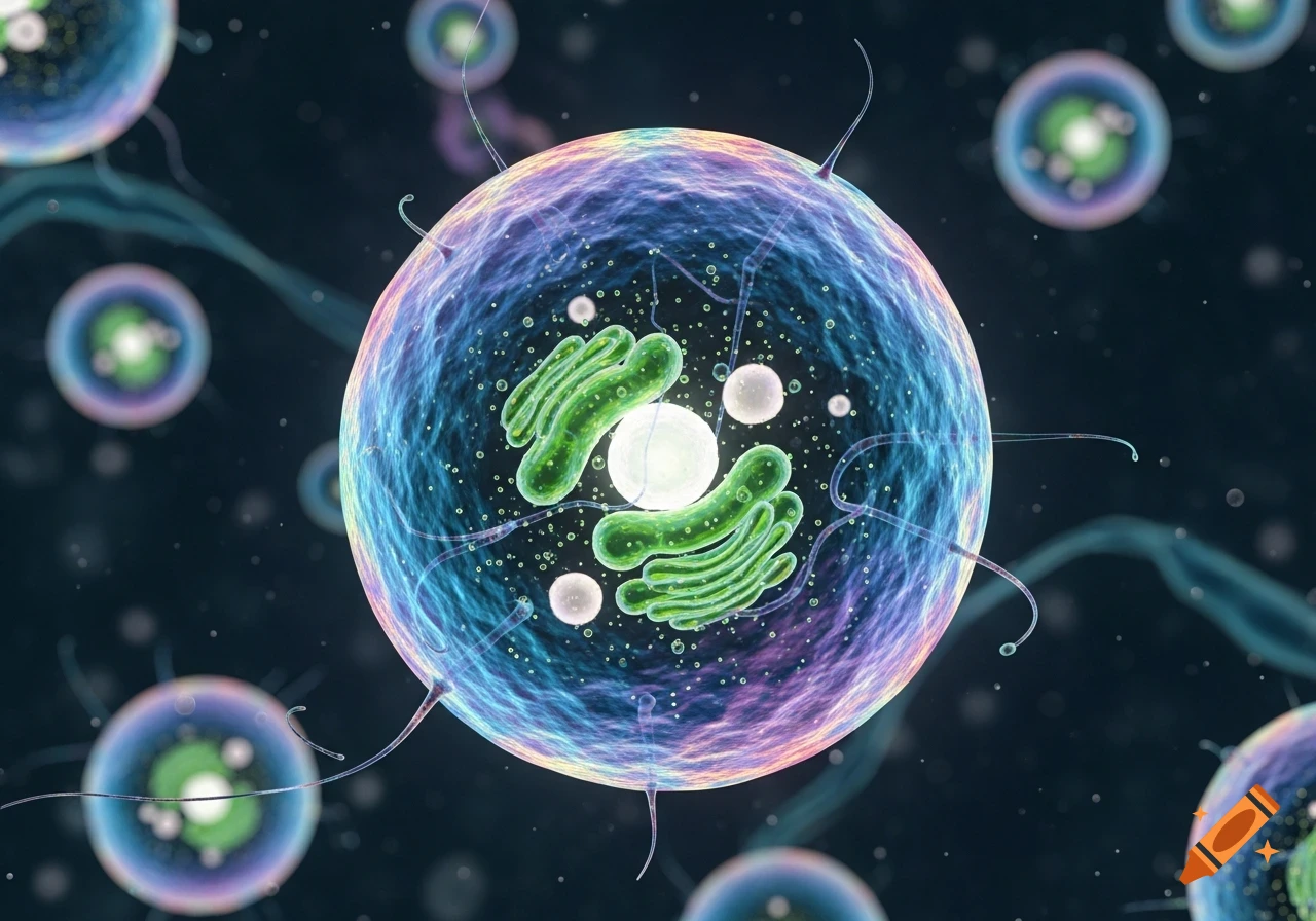 Close-up of a glowing iridescent cell with green internal structures and thin tendrils, against a dark background with blurred cells.