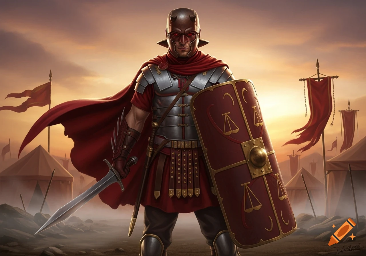 A stylized warrior resembling Daredevil in Roman armor, holding a sword and shield, stands in a battle camp at sunset.