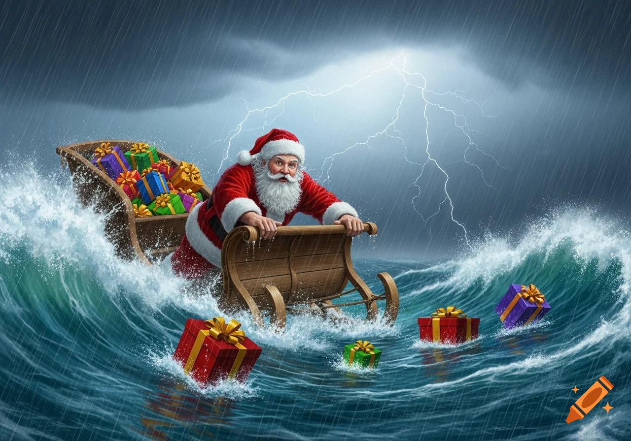 Santa Claus in a sleigh full of gifts, struggling through a stormy, wavy sea with rain and lightning, as some gifts float away.